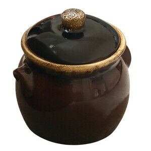 Vintage Hull Pottery Bean Pot Brown Glaze Drip Lid Oven Proof‎ Boston Baked USA